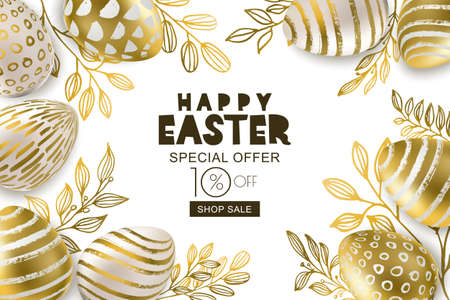 Happy Easter sale banner. Vector holiday frame. Golden 3d eggs with hand painted decoration and gold leves, isolated on white background. Design for holiday flyer, poster, party invitation.のイラスト素材