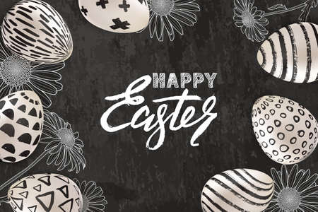 Happy Easter banner, greeting card or poster design. Vector holiday illustration of 3d Easter eggs with hand painted decoration, hand drawn sketched chamomile flowers on gray slate background.のイラスト素材