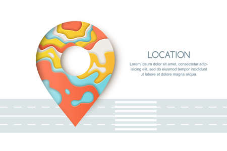 Road way location and GPS navigation concept. Paper cut style vector colorful illustration of pin map symbol, waypoint marker.のイラスト素材
