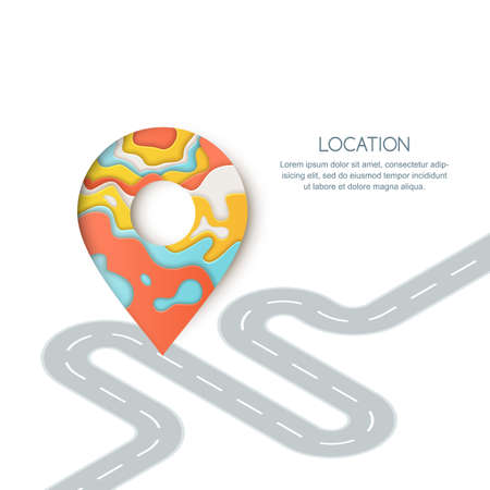 Road way location and GPS navigation concept. Paper cut style vector colorful illustration of pin map symbol, waypoint marker and winding road.のイラスト素材