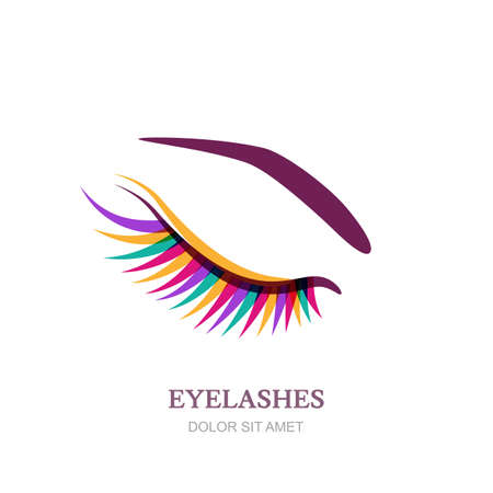 Female beautiful eye with colorful eyelashes, isolated on white background. Vector logo, emblem design element. Concept for beauty salon, cosmetics label, visage and makeup.のイラスト素材