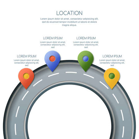Road infographics template. Way location and GPS navigation concept. Paper cut style vector illustration of multicolor pin map symbol, waypoint marker on the roundabout.のイラスト素材
