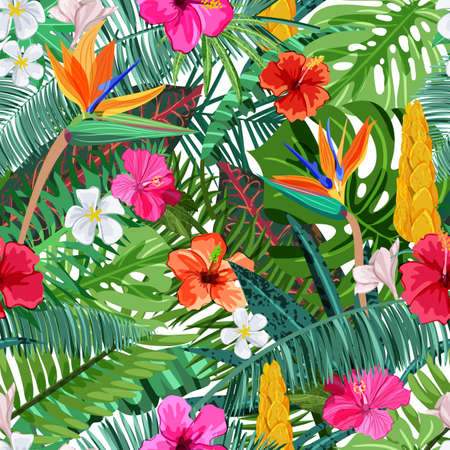 Tropical seamless pattern with flowers hibiscus, plumeria, strelitzia and palm, monstera leaves. Vector illustration. Summer or spring design elements for fashion textile prints and greeting cards.のイラスト素材