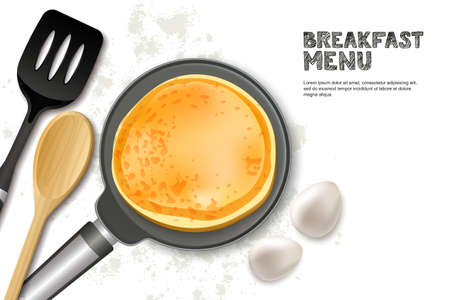 Cooking pancake vector illustration. Top view realistic pan, spatula and ingredients isolated on white background.のイラスト素材