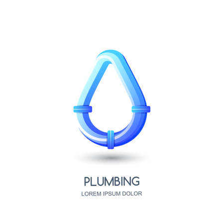 Plumbing vector icon, emblem design template. Blue pipe in water drop shape, isolated illustration. Concept for pipe laying repair service.のイラスト素材