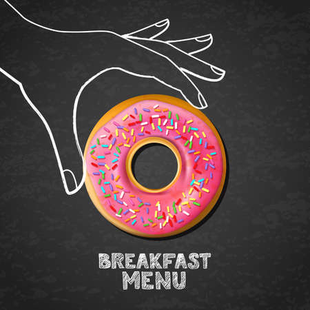 Breakfast menu concept. Tasty pink glazed donut in hand drawn watercolor human handのイラスト素材