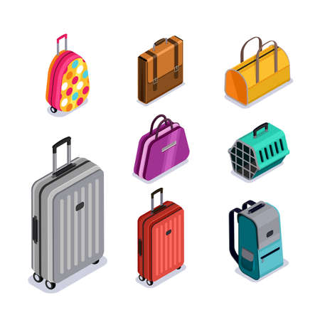 Vector baggage isolated 3d isometric style icons. Multicolor luggage, suitcase, bags, backpack, carrying animals. Checked baggage, carry-on and hand luggage for traveling by aircraft.のイラスト素材