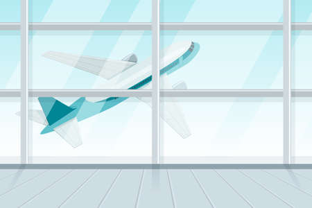 View out of airport terminal window on takeoff airplane.のイラスト素材