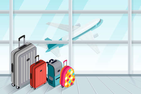 Multicolored luggage, suitcase, bags near the airport terminal window.のイラスト素材