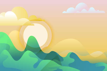 Abstract summer or spring landscape illustration. Green mountains and sun on sky.のイラスト素材