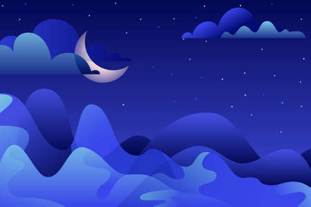 Abstract night landscape illustration. Blue mountains and moon on sky.のイラスト素材