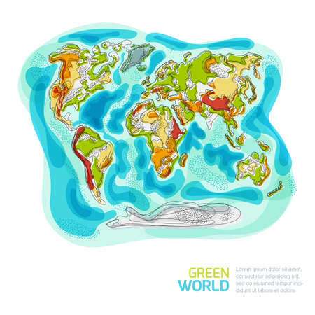 Vector abstract world map outline sketch. Doodle hand drawn isolated illustration of planet. Environmental, save Earth or travel around the world design concept.のイラスト素材