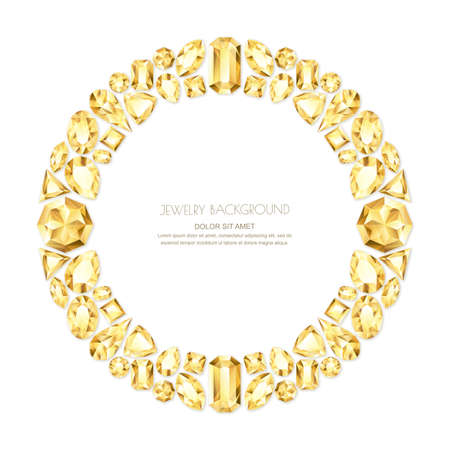 Vector circle frame from realistic golden gems and jewels on white background. Shiny diamonds jewelry design elements. Banner, poster, gift card, invitation template.のイラスト素材