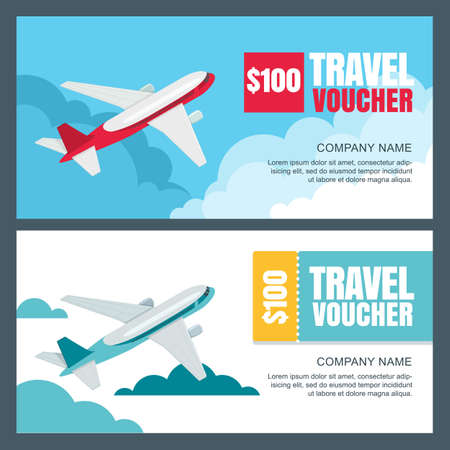 Vector gift travel voucher template. 3d isometric illustration of flying airplane. Concept for summer vacation, travel agency and sale ticket. Banner, coupon, certificate, flyer, ticket layoutのイラスト素材