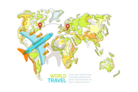Vector abstract colorful world map and flying airplane, top view illustration isolated on white background. Travel around the world and tourism creative concept.のイラスト素材