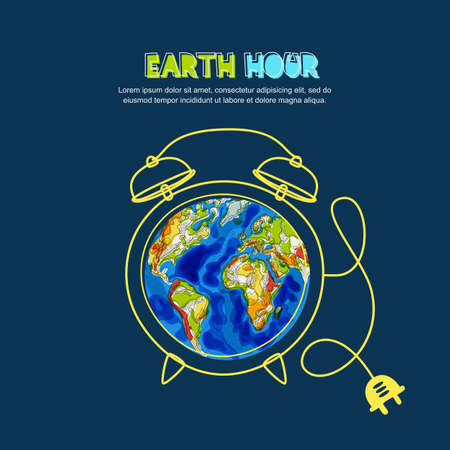 Energy saving and Earth hour concept. Vector doodle hand drawn illustration of green Earth planet in alarm clock shape on dark blue background. Environmental, ecology, nature protection concept.のイラスト素材