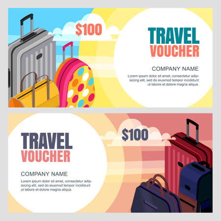 Vector travel voucher template. 3d isometric illustration of multicolor luggage, suitcase, bags. Concept for summer vacation, travel agency. Banner, coupon, certificate, flyer layout.のイラスト素材