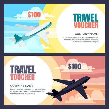 Vector travel voucher template. 3d isometric illustration of flying airplane. Day and night flight. Concept for vacation, travel agency, sale ticket. Banner, coupon, certificate, flyer, ticket layoutのイラスト素材