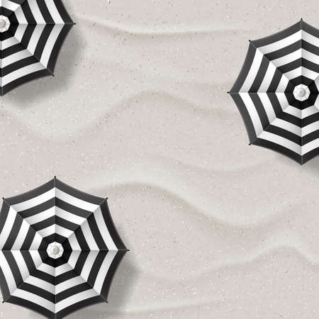 Vector realistic illustration of white sand beach and black white striped umbrellas. Top view summer vacation abstract banner background with place for textのイラスト素材