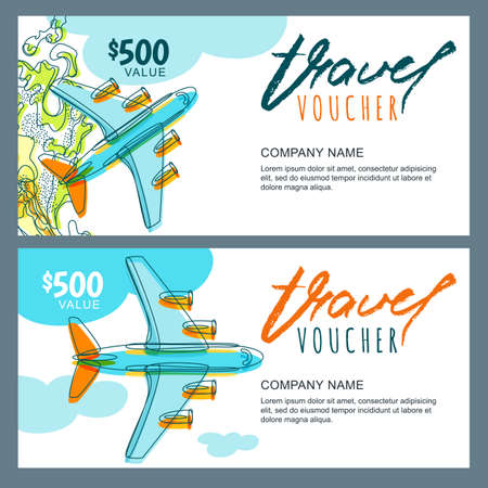 Vector gift travel voucher template. Top view hand drawn flying airplane.のイラスト素材