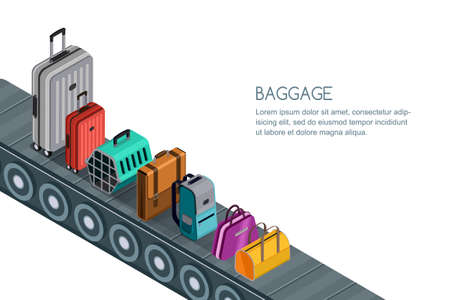 Isolated vector 3d isometric illustration of conveyor belt with different luggage, suitcases, bags.のイラスト素材