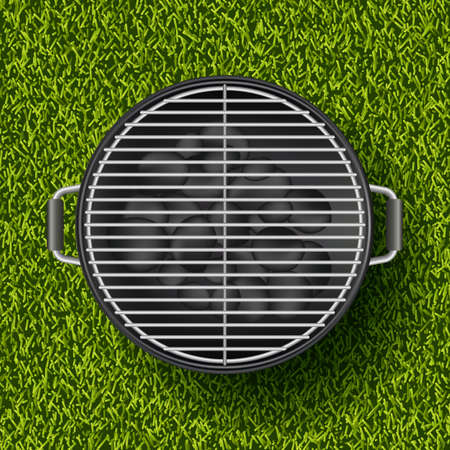 Vector realistic 3d illustration of barbecue grill on green grass lawn.のイラスト素材