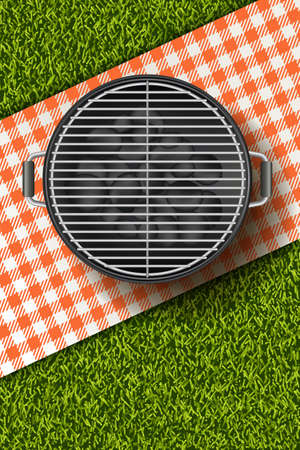 Vector realistic 3d illustration of barbecue grill, gingham red plaid on green grass lawn.のイラスト素材