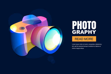 Vector glowing neon photo studio poster or banner background. Colorful 3d style photo camera. Professional photography and equipment concept.のイラスト素材