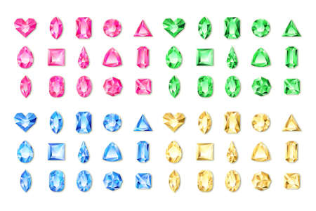 Set of vector realistic red, green, blue, yellow gems and jewels on white background. Multicolor shiny diamonds with different cuts. Design elements and icons for holiday gift and jewelry shop.のイラスト素材