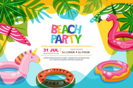 Swimming pool frame with flamingo and unicorn float kids toys. Beach party vector summer poster, flyer, banner design template. Trendy doodle illustration.のイラスト素材