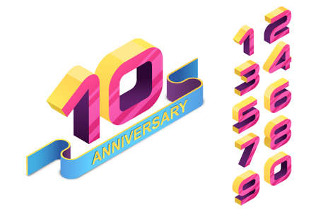 Anniversary emblem template. 3d style isometric numbers and colorul ribbon. Vector icons and design elements for poster, flyer, greeting cards, invitation.のイラスト素材