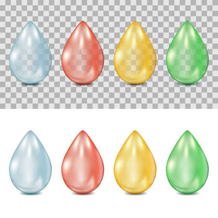 Set of vector 3d realistic multicolor drops on transparent and white background. Droplets of water, blood, oil, green plant juice. Isolated design elements and icons.のイラスト素材