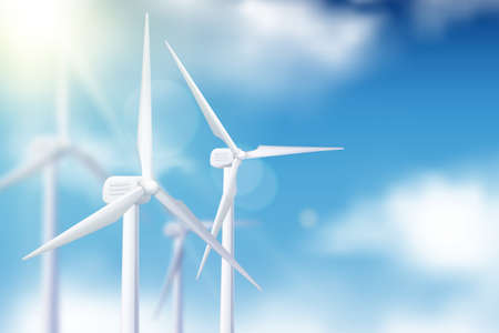 Vector realistic 3d illustration of wind turbine generator against blue cloudy sky. Alternative eco...