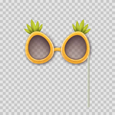 Vector realistic 3d illustration of photo booth props pineapple glasses. Object isolated on transparent background. Summer funky photo design element weddings, birthdays, and celebrations.のイラスト素材