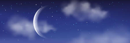 Vector realistic illustration of night cloudscape. Moon, stars and clouds on blue evening sky. Romantic fantasy landscape background.のイラスト素材