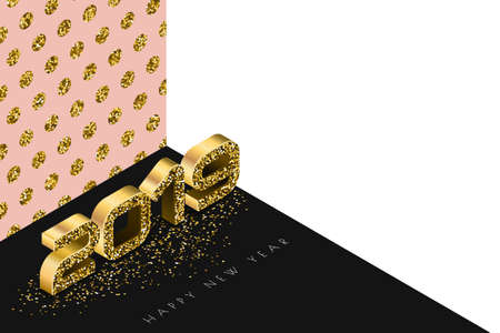 Happy New Year 2019 vector banner with golden numbers in 3d isometric style. Abstract holiday gold background. Holiday design elements for greeting card, poster, party invitation.のイラスト素材