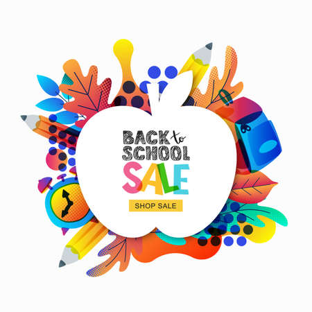 Vector back to school sale banner, poster template. Apple frame with color gradients leaves, pencils, clock, backpack isolated on white background. Layout for discount labels, flyers and shoppingのイラスト素材