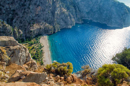 Aerial view of Butterfly valley in Oludeniz. Sunny summer beach landscape top view. Fethiye, Turkey nature landmark.の写真素材
