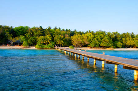 Long wooden pier or bridge to the island with tropical garden.の写真素材