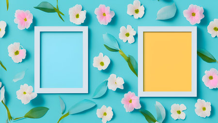 Creative layout made of spring flowers and photo frame on blue background. Flat lay, top view minimal concept.の素材