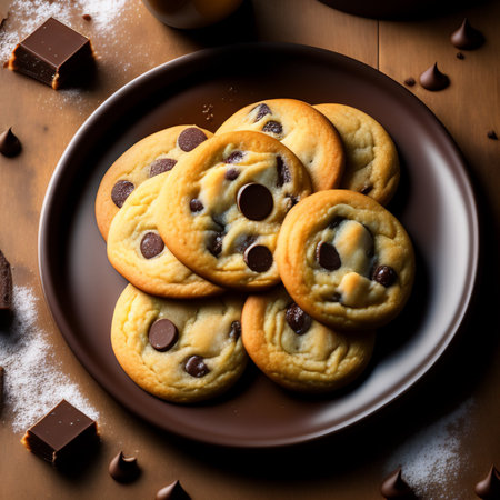 Chocolate chip cookies on a brown plate. Select focus.の素材