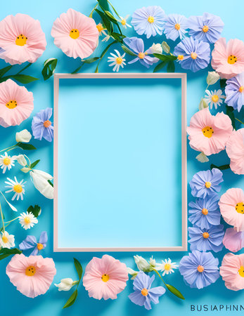 Flowers composition. Frame made of colorful flowers on blue background. Flat lay, top view, copy spaceの素材