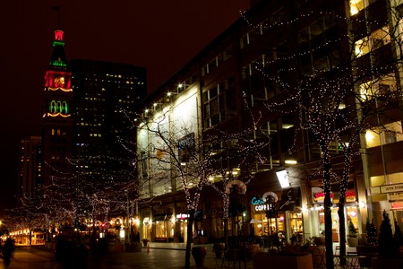 16th Street Mall at night, Denver, with D&F Clocktower in the distance, close viewのeditorial素材