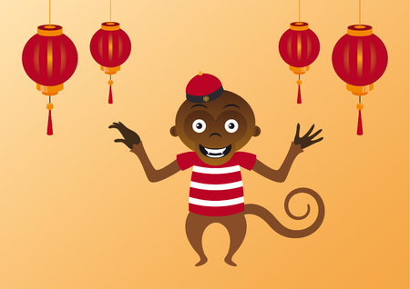 illustration of a happy Asian monkey. Asian orange background with a monkey and Chinese lanterns.のイラスト素材