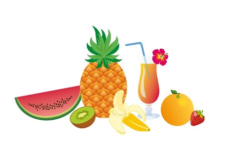 Set of tropical fruits. illustration of exotic fruits. White background with fruits. Still Life with Fruits. Summer fruit mix with a cocktailのイラスト素材