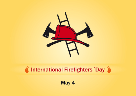 International Firefighters Day. Vector illustration Firefighters Day. Orange background with fire fighting equipmentのイラスト素材