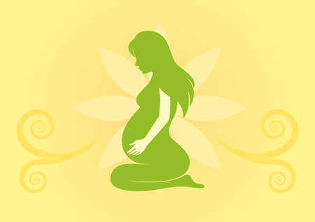 Healthy pregnant woman . Silhouette of a pregnant woman. Orange floral backgroundのイラスト素材