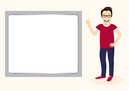 Smart guy with white board. Cartoon character man. Vector illustration of a clever boyのイラスト素材