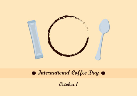 International Coffee Day illustration of a teaspoon, sugar and coffee imprint. Important dayのイラスト素材