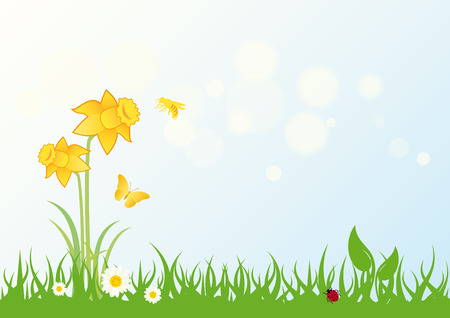 Spring landscape vector. Grass with daffodils. Vector illustration fresh natureのイラスト素材